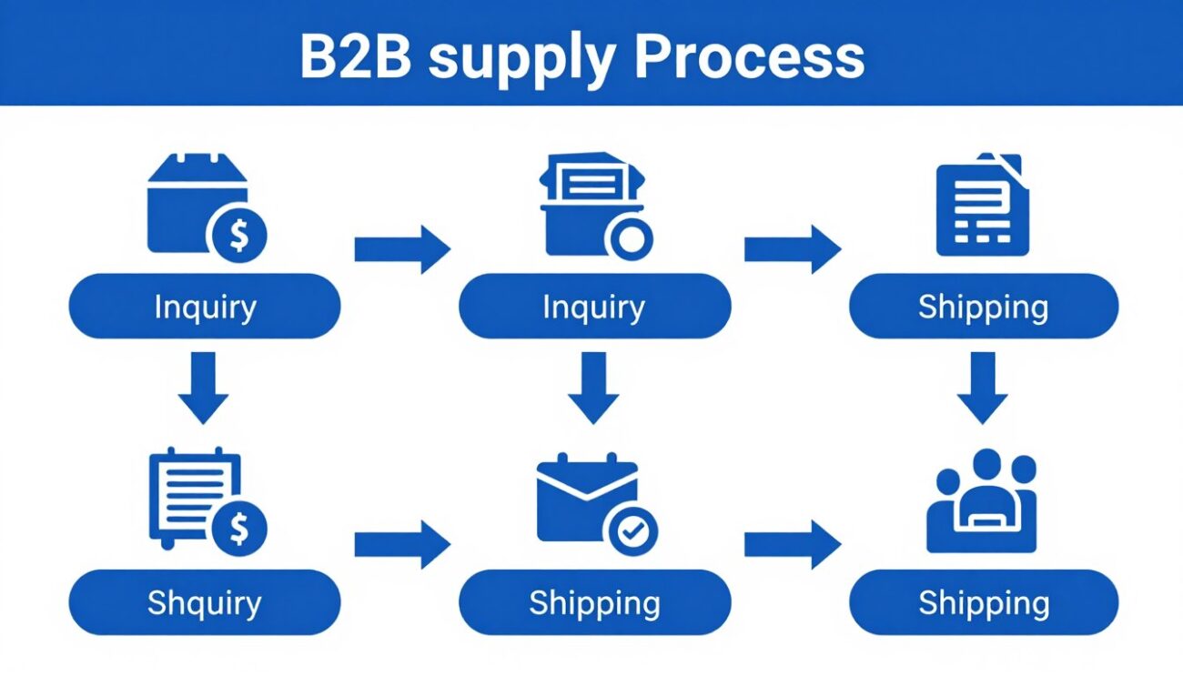 Sơ đồ quy trình cung ứng B2B từ yêu cầu đến vận chuyển với biểu tượng và mũi tên