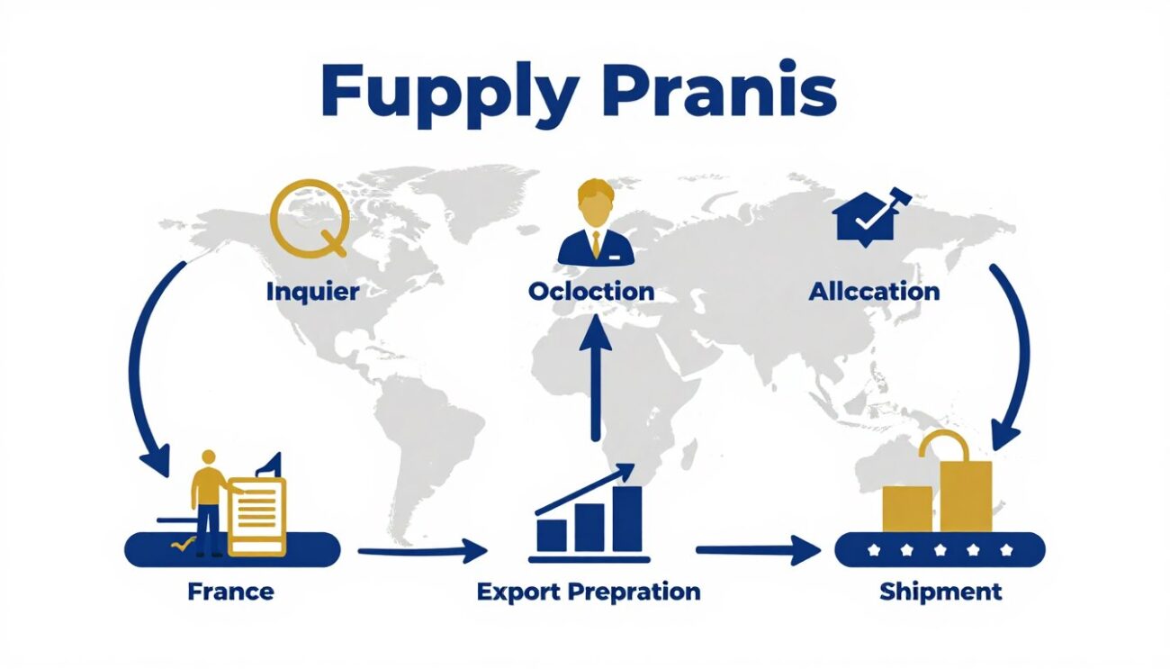 Supply workflow infographic showing France to global export coordination process
