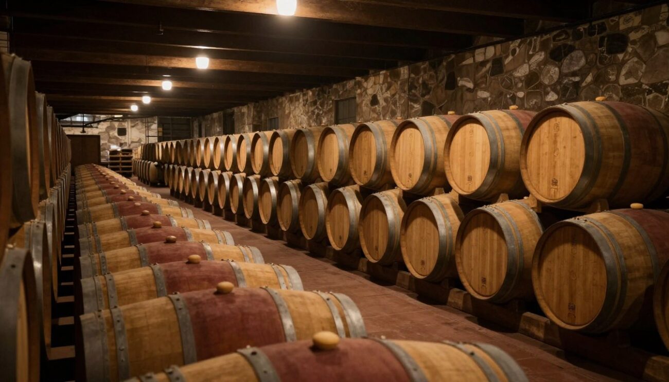 Thùng gỗ sồi Pháp trong hầm ủ cognac với ánh sáng ấm áp
