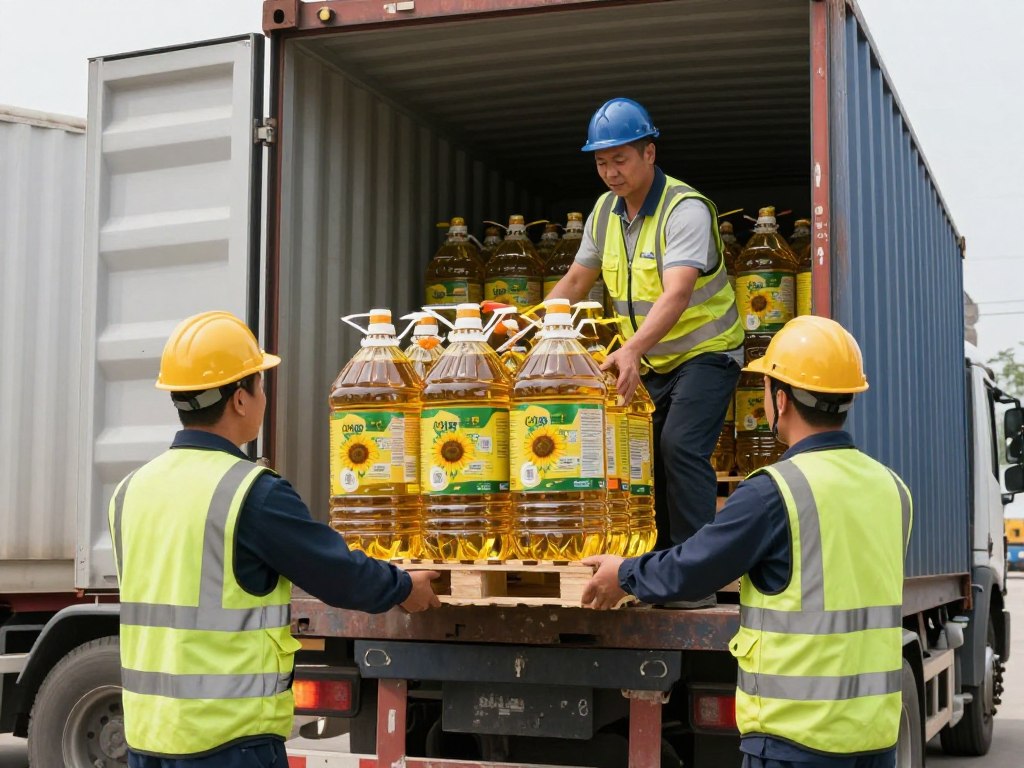 Trabalhador carregando palete de óleo de girassol em caminhão container