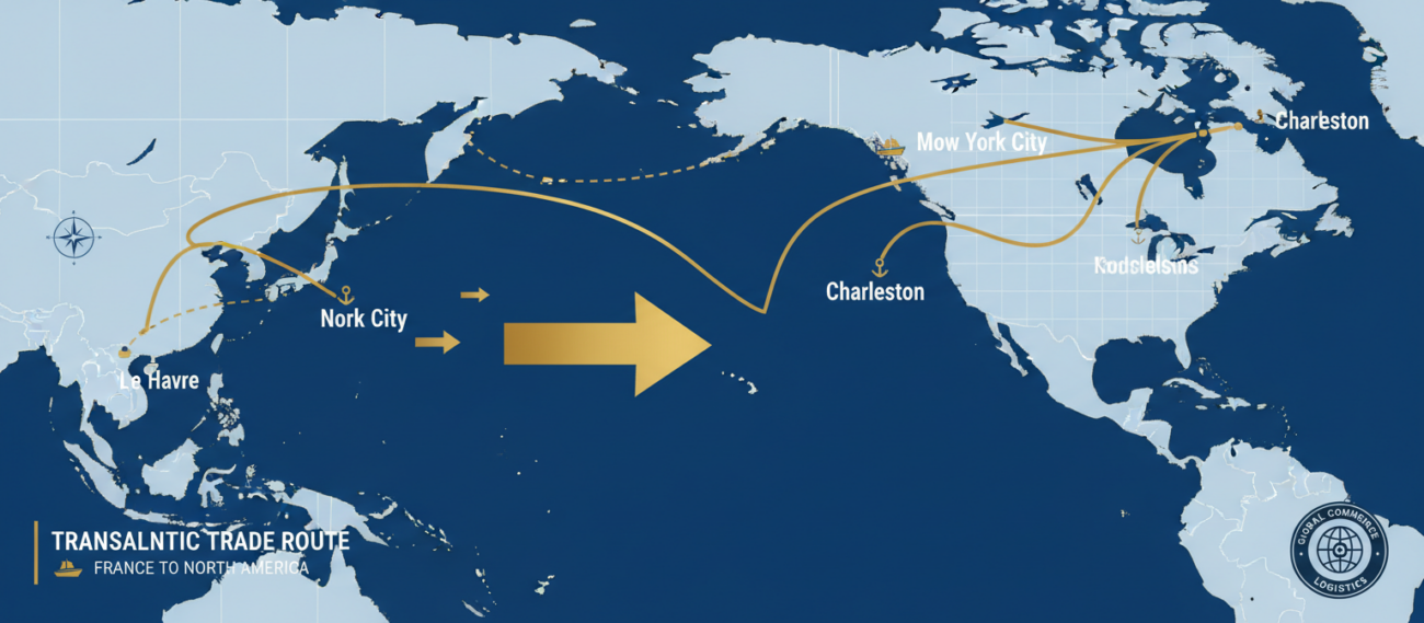Trade route map illustration showing France to North America shipping lanes