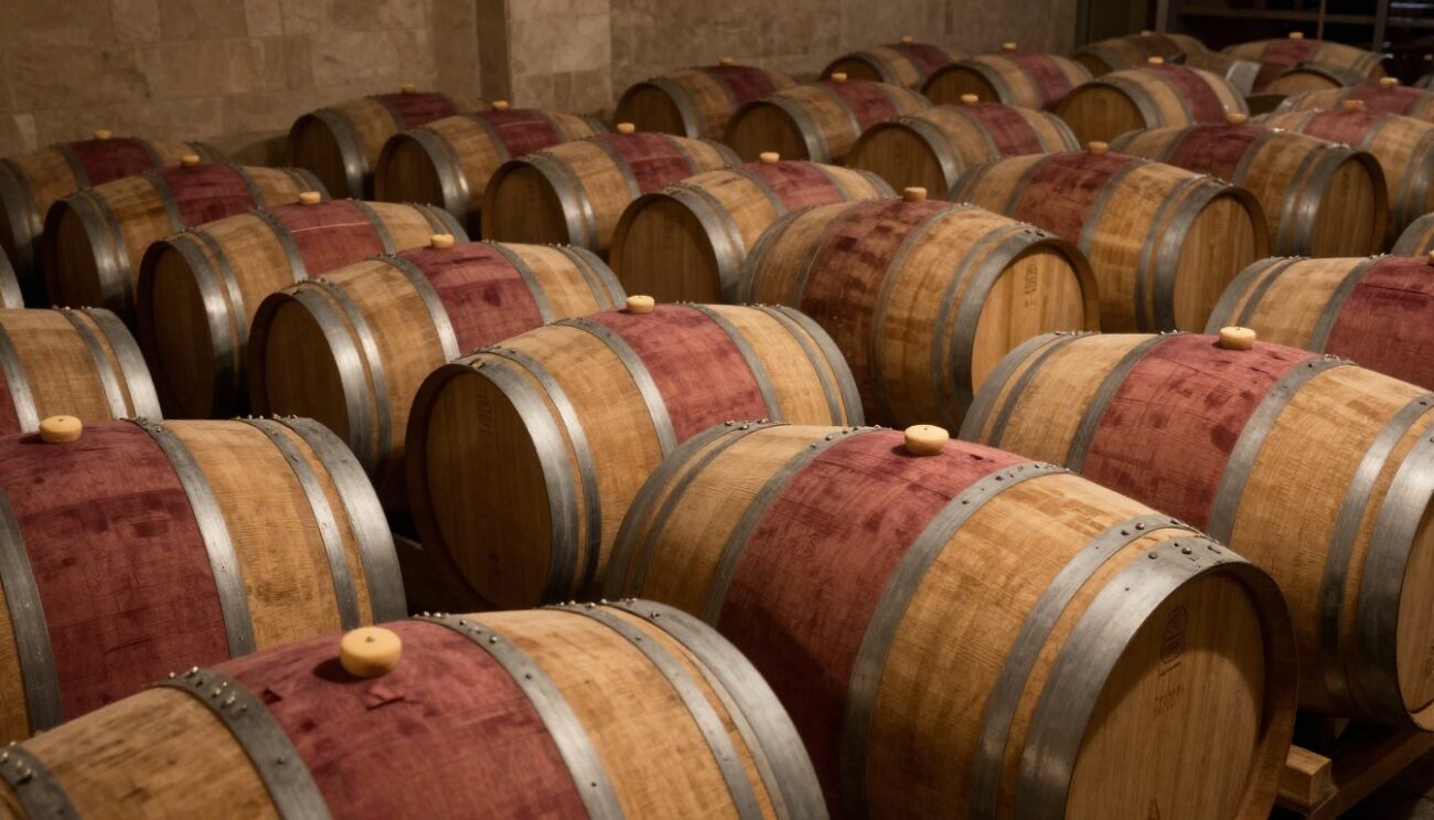 Traditional cognac aging barrels in French cellar with ambient lighting
