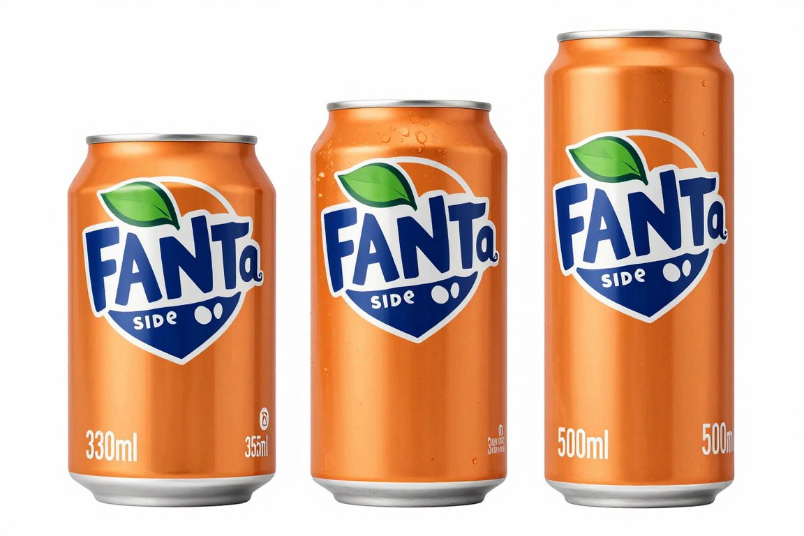 Tres formatos de latas Fanta 330ml, 355ml y 500ml slim comparación de tamaños