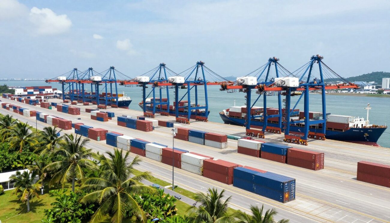 Tropical container port showing professional beer export logistics coordination for Caribbean markets