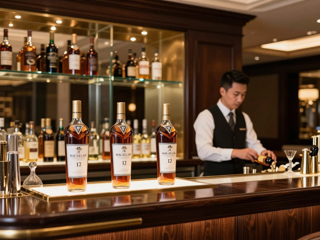 Upscale Hong Kong bar with Macallan bottles displayed on backlit shelving