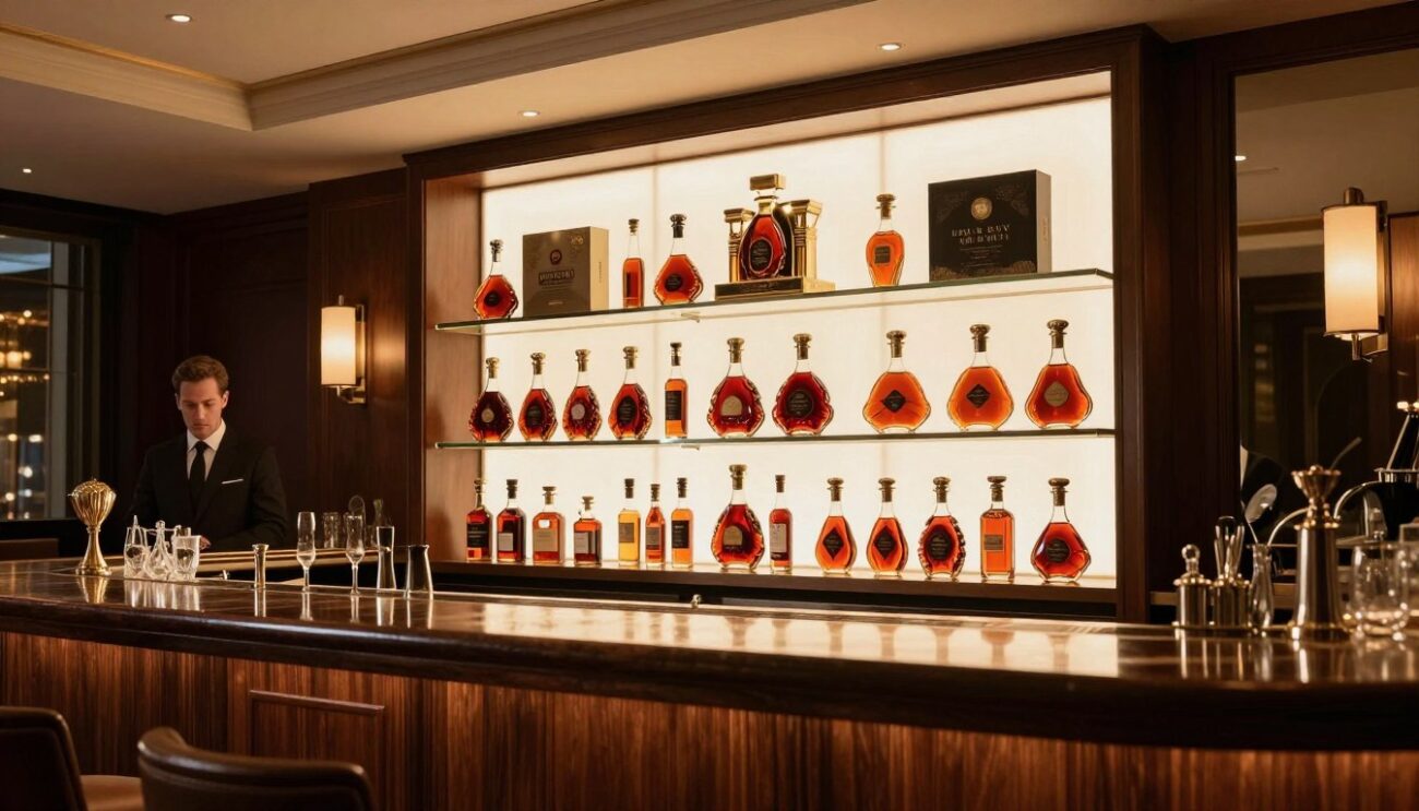 Upscale restaurant bar interior showcasing premium cognac selection