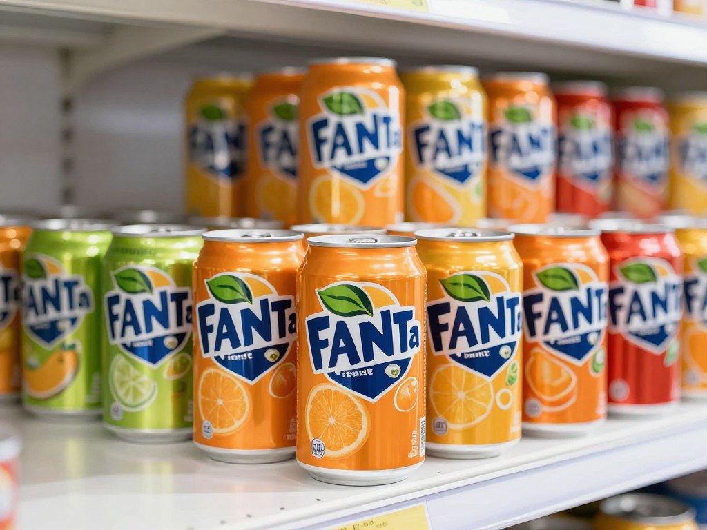 Variedad de productos Fanta mostrando diferentes sabores disponibles en formato lata