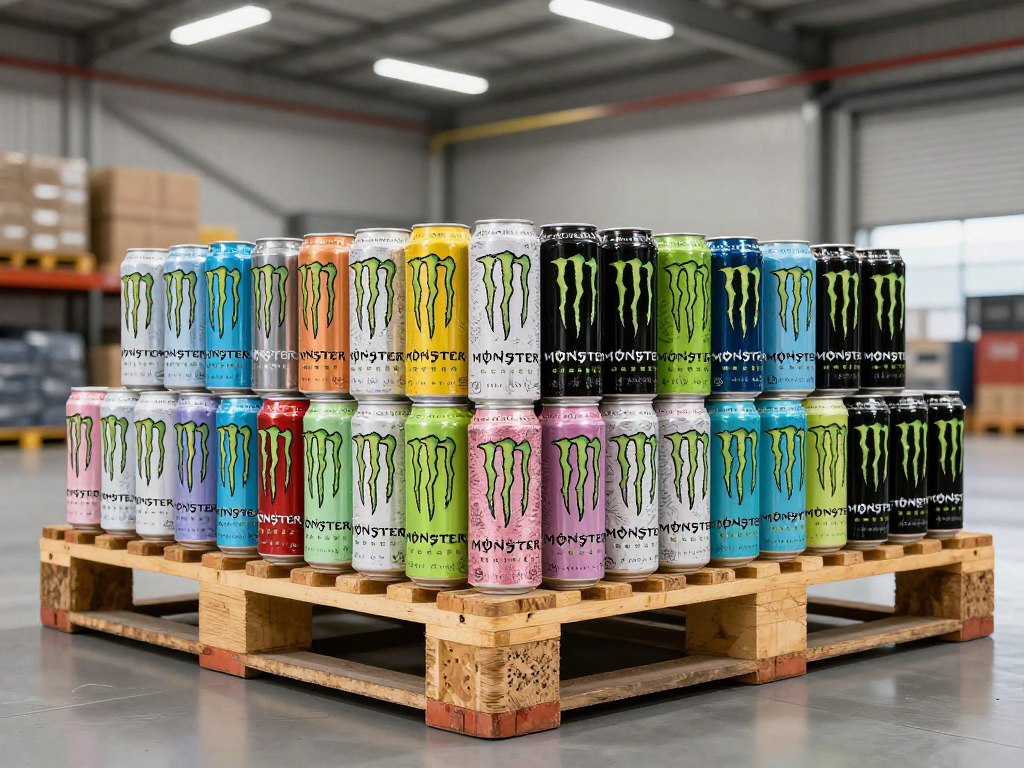 Various Monster Energy flavors arranged on export pallets showing variety