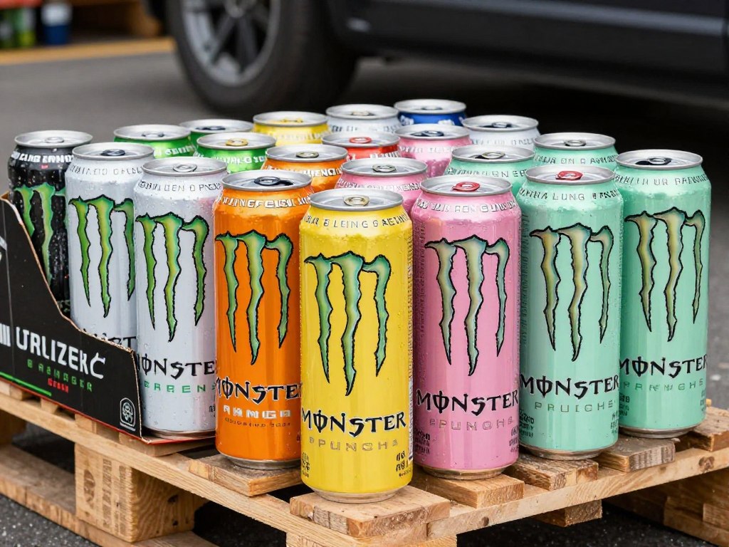 Various Monster Energy flavors displayed on export pallets for wholesale distribution in Indonesia