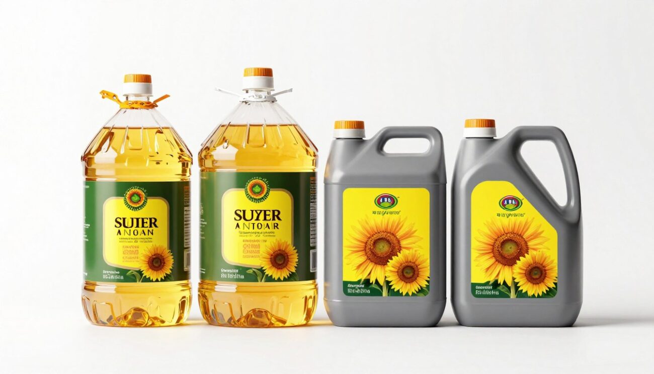 Various sunflower oil packaging formats displayed together showing 1L, 5L, 10L and 20L options