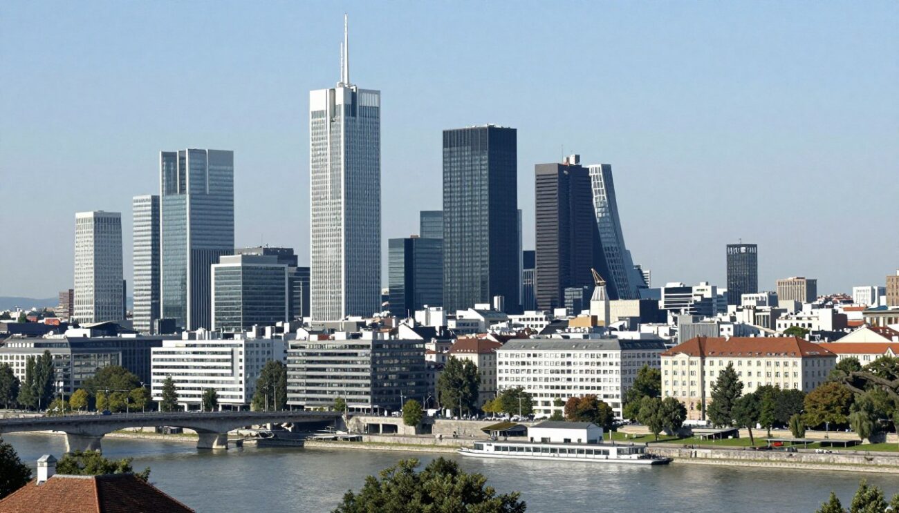 Vienna Austria cityscape showing business district and international commerce hub