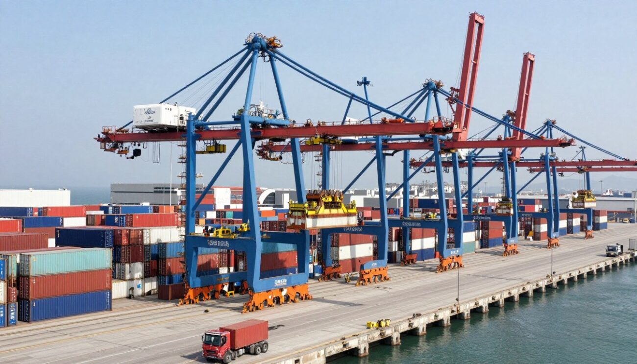 Vista de puerto chileno con grúas de contenedores durante operación de descarga