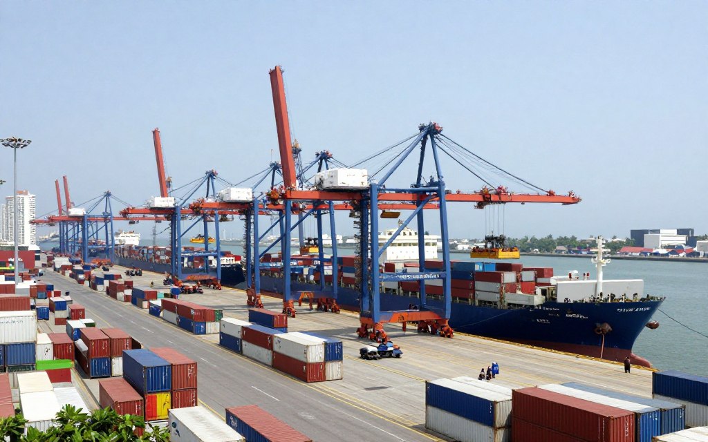 Vista de puerto colombiano recibiendo contenedores de importación