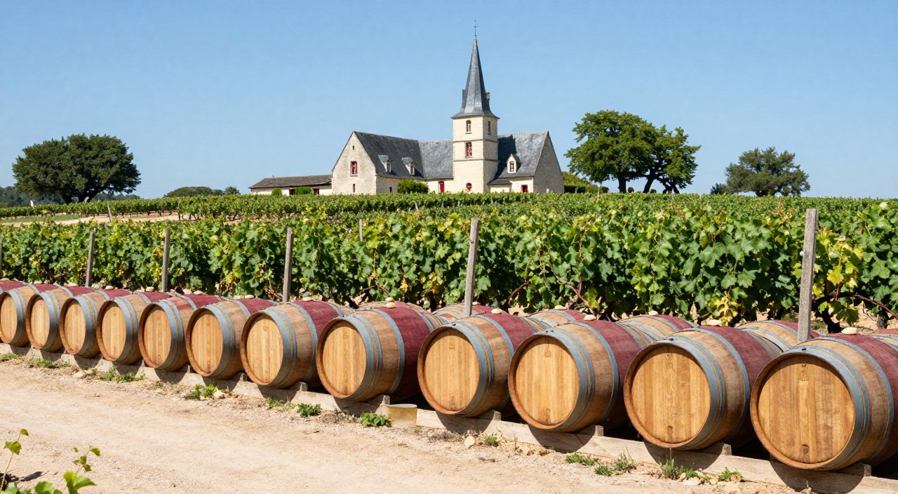 Vườn nho tại vùng Cognac Pháp với thùng gỗ sồi trong hầm ủ