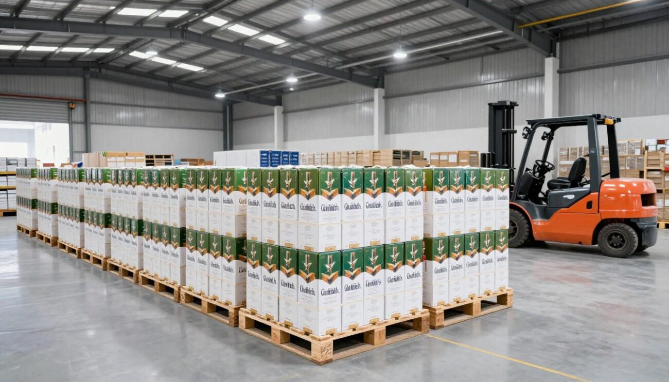 Warehouse logistics showing Glenfiddich whisky cartons being prepared for container export shipping