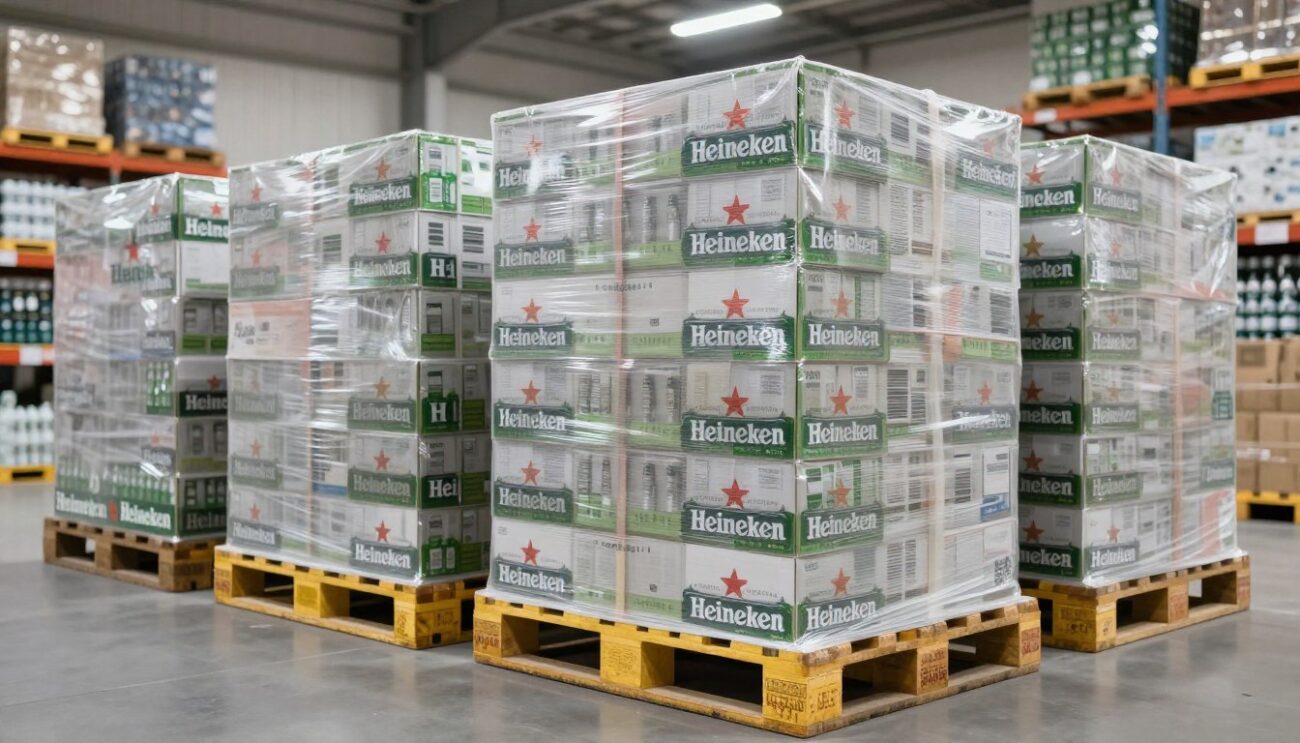 Warehouse with multiple pallets of Heineken export cartons shrink-wrapped for Heineken wholesale Hong Kong