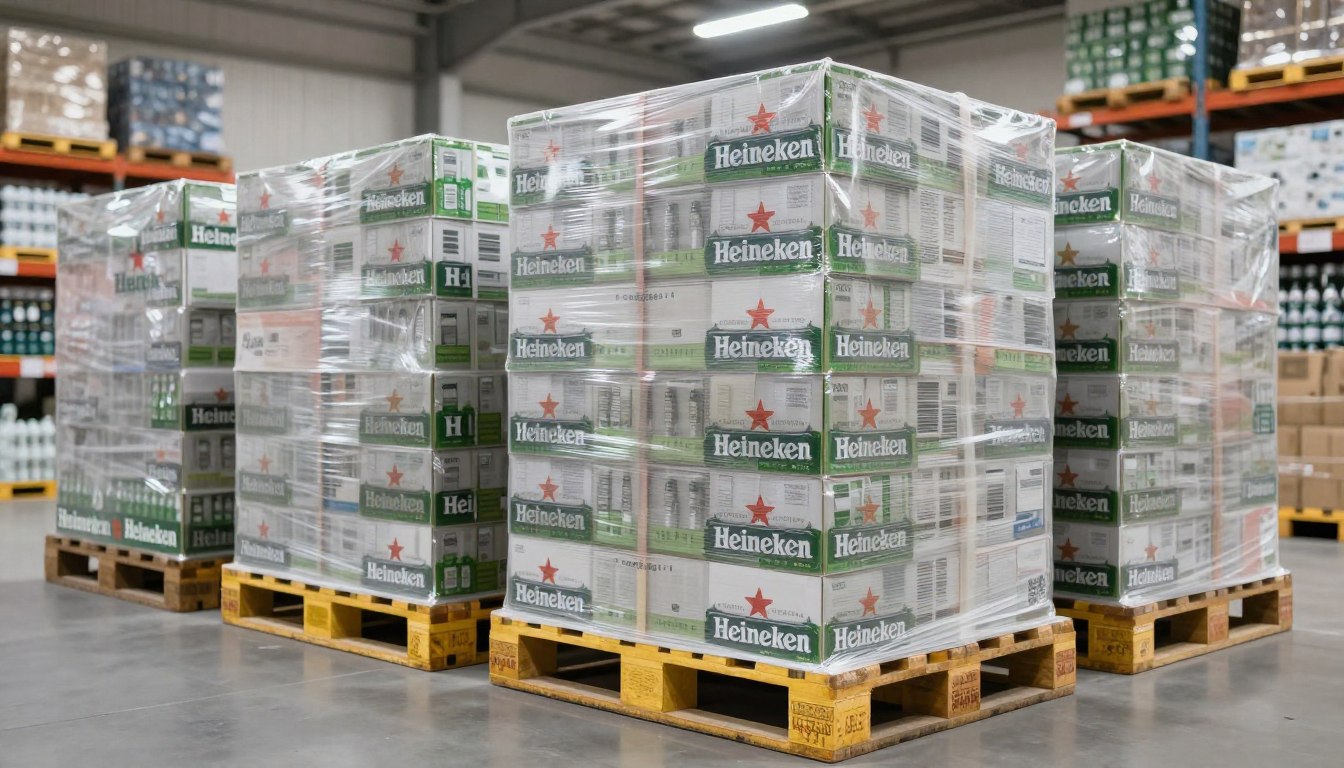 Warehouse with multiple pallets of Heineken export cartons shrink-wrapped for Heineken wholesale Hong Kong