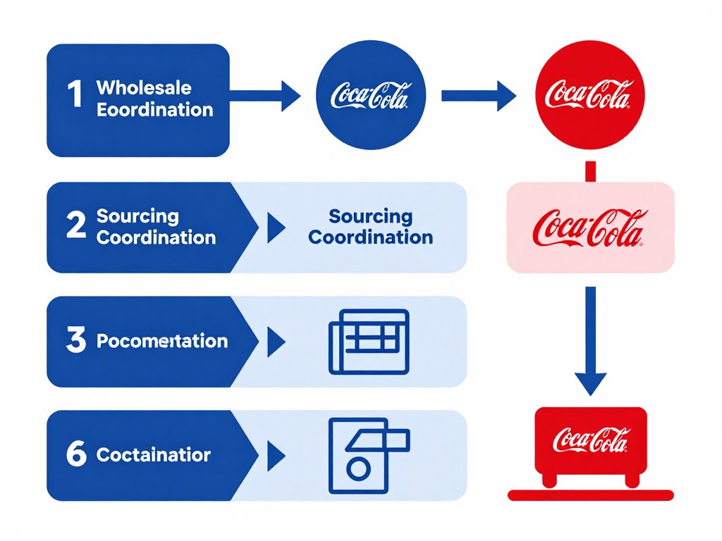 Wholesale coordination workflow infographic showing six-step Coca-Cola bulk supply process