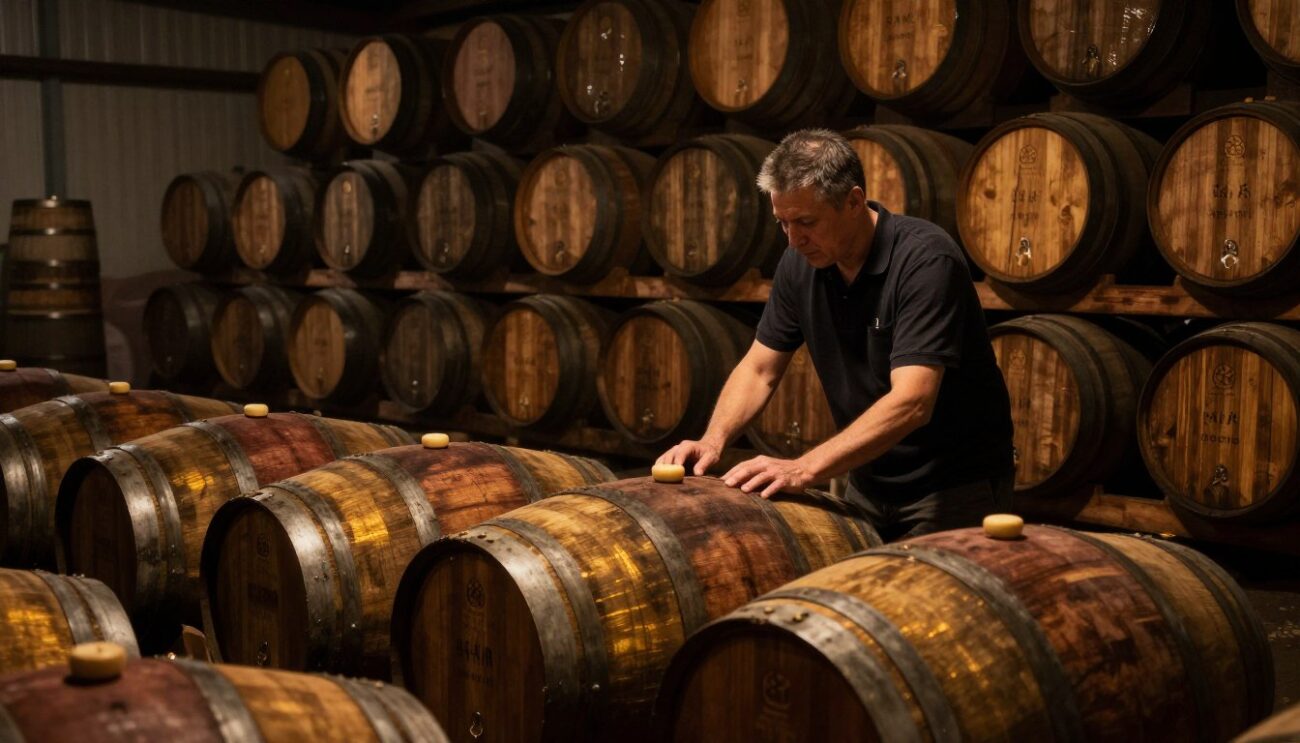 Wooden whisky casks in maturation warehouse