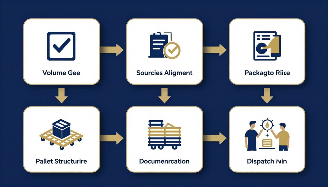 Workflow infographic showing Rémy Martin VSOP wholesale coordination process from volume confirmation to dispatch