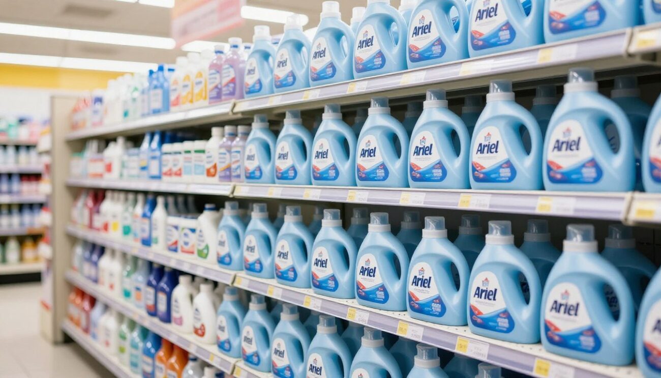 retail shelf display showing Ariel laundry detergent brand demand and rotation patterns