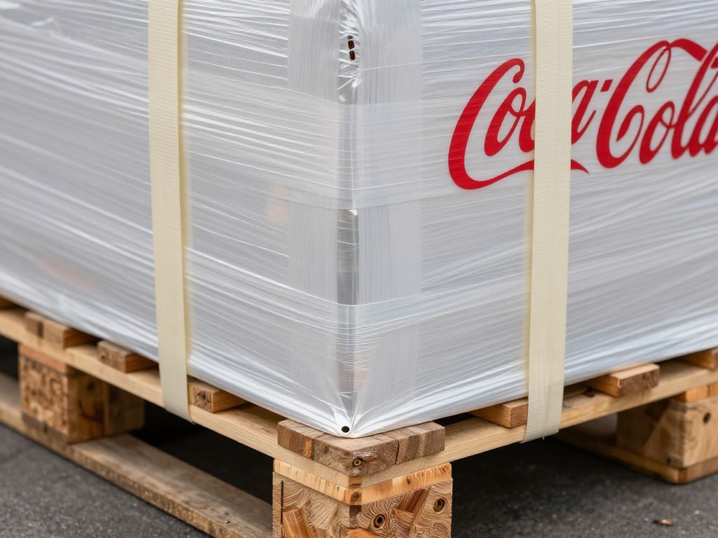 Детальный вид стабилизации паллеты с Coca-Cola с угловыми досками и стретч-плёнкой