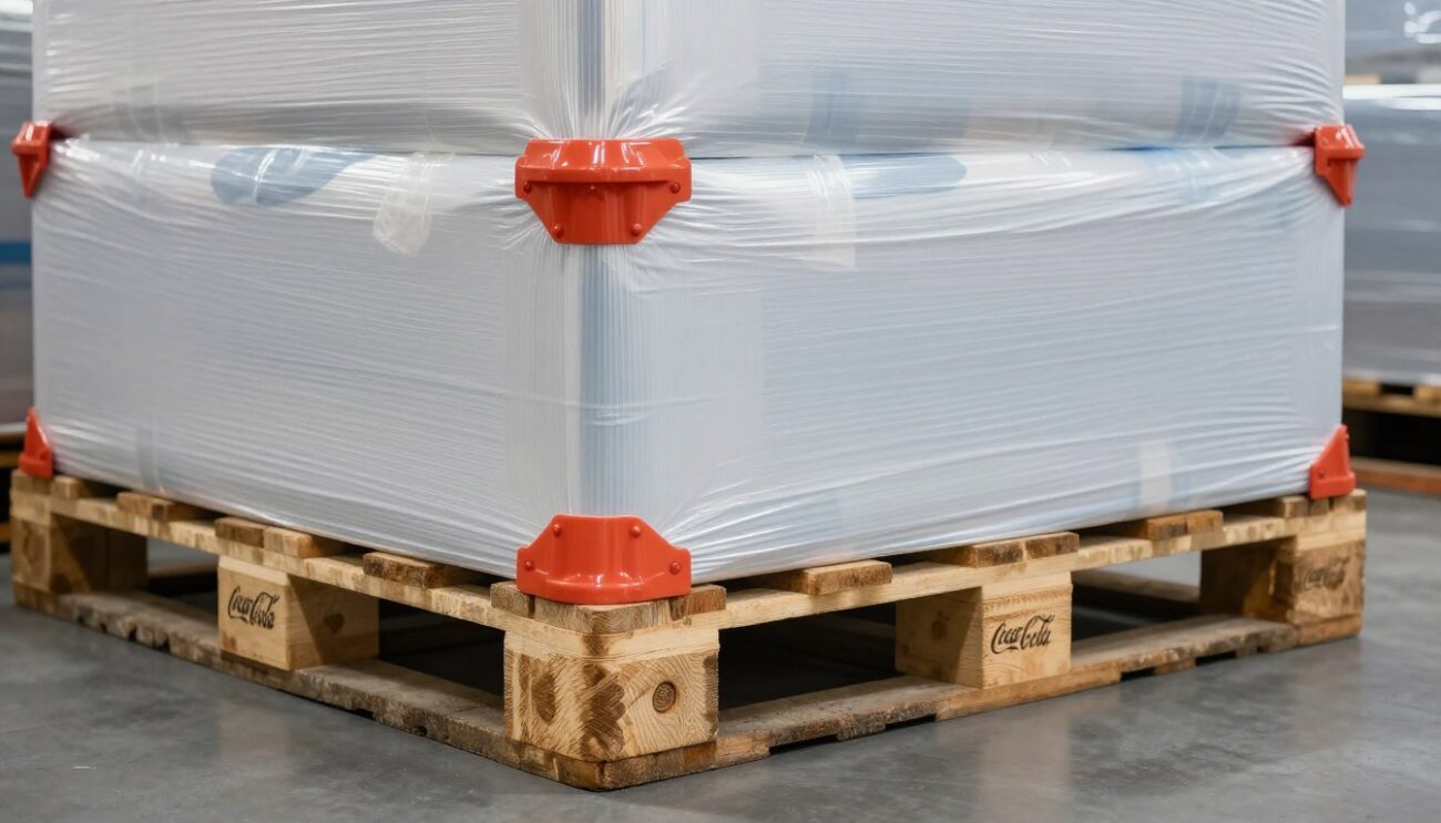 Защита паллет с Coca-Cola для оптовых поставок в Россию: уголки, стрейч-плёнка, паллетная база