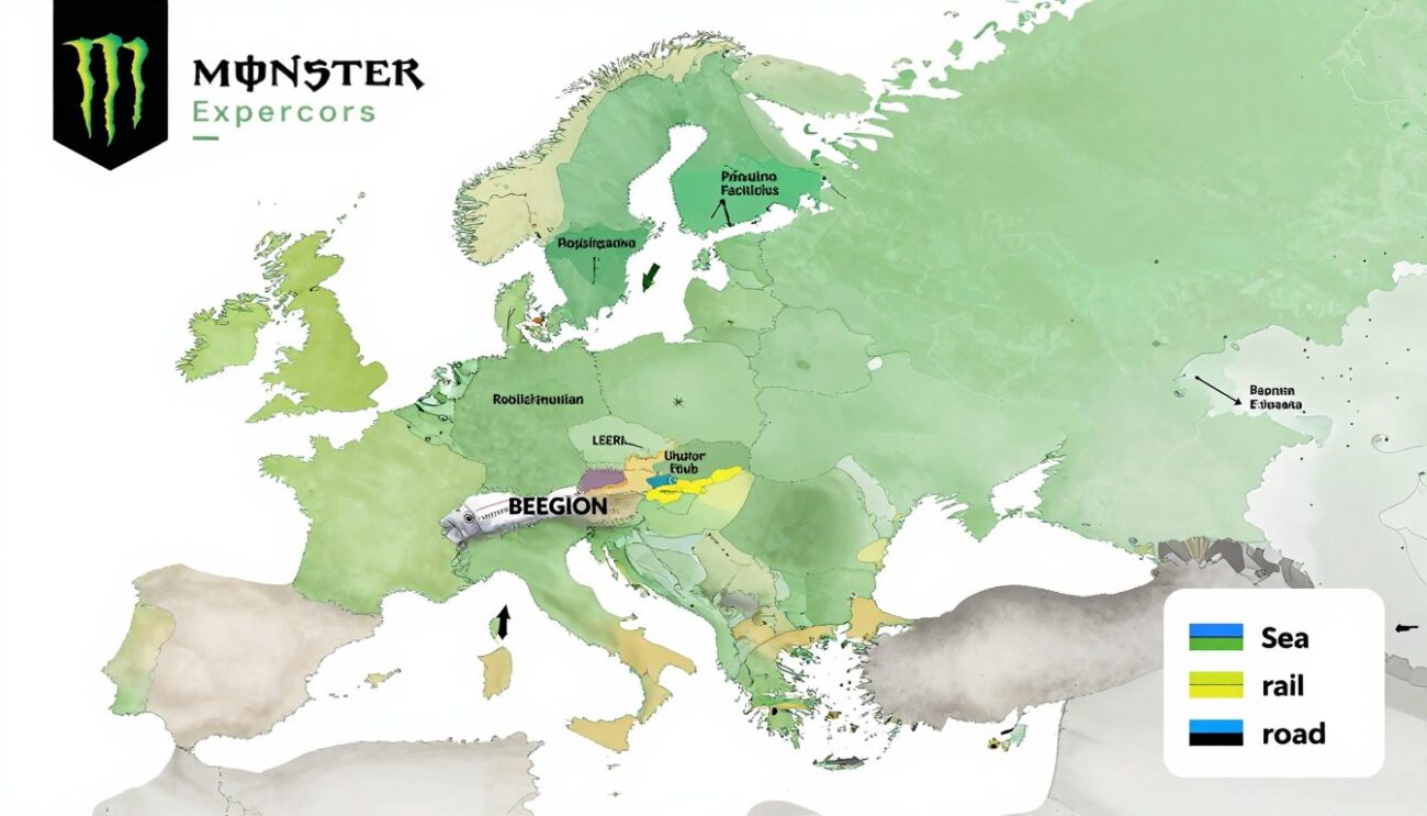 Карта европейских маршрутов поставок Monster Energy с производственных площадок