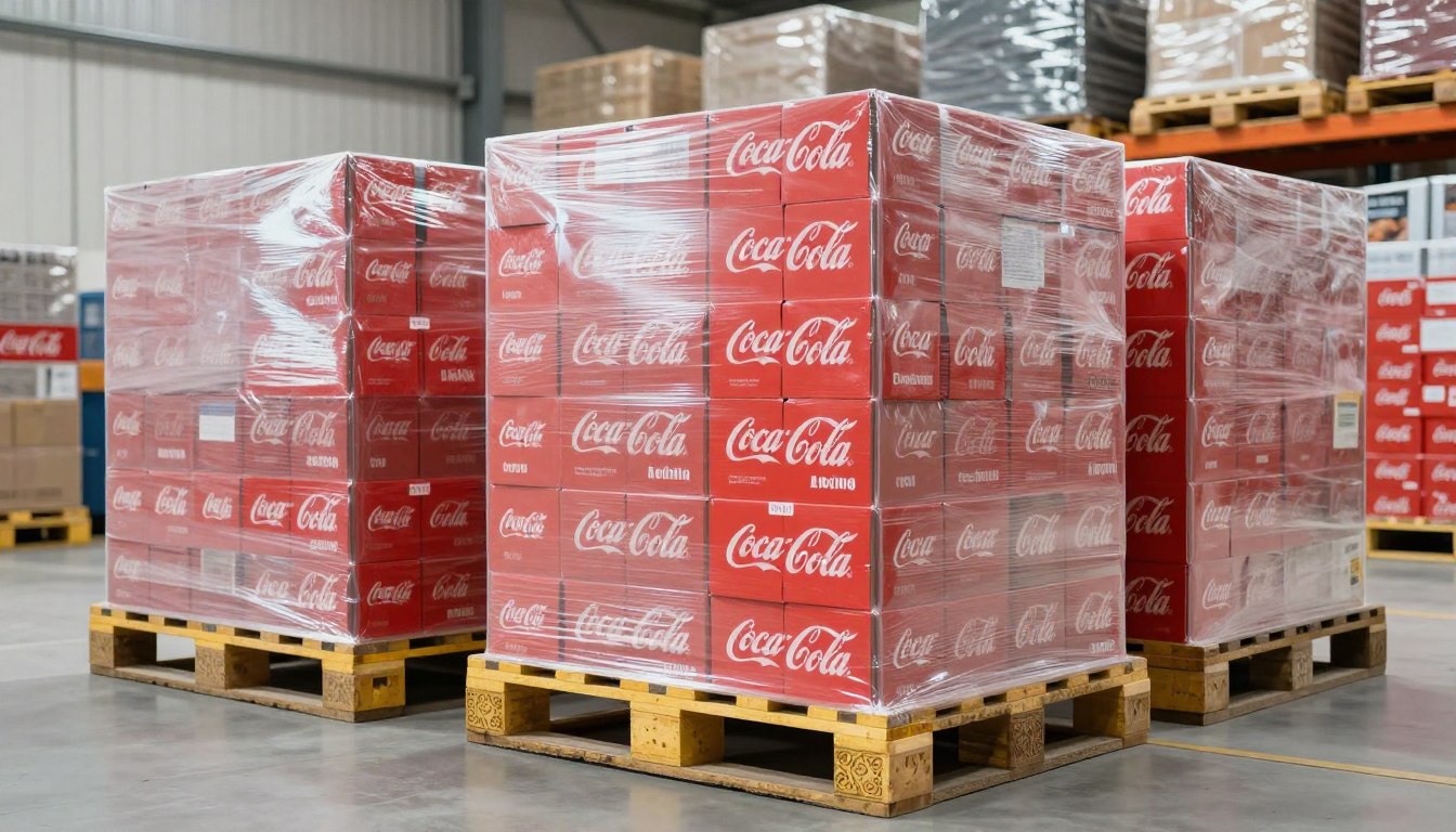 Паллеты с Coca-Cola в стрейч-плёнке на складе в Вене для оптовых поставок в Россию