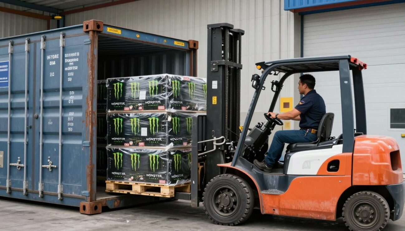 Погрузка паллет Monster Energy в контейнер с помощью погрузчика