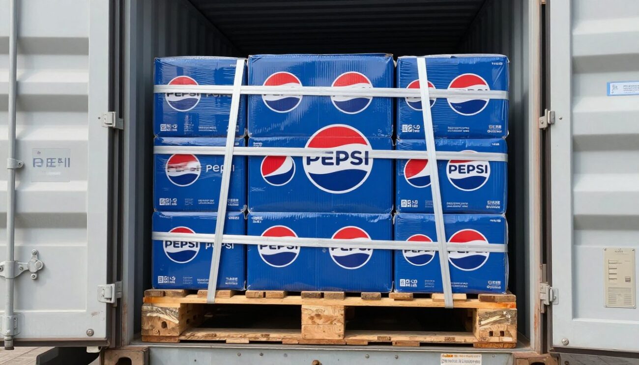 Транспортировка паллет с Pepsi в контейнере, закрепленных ремнями безопасности
