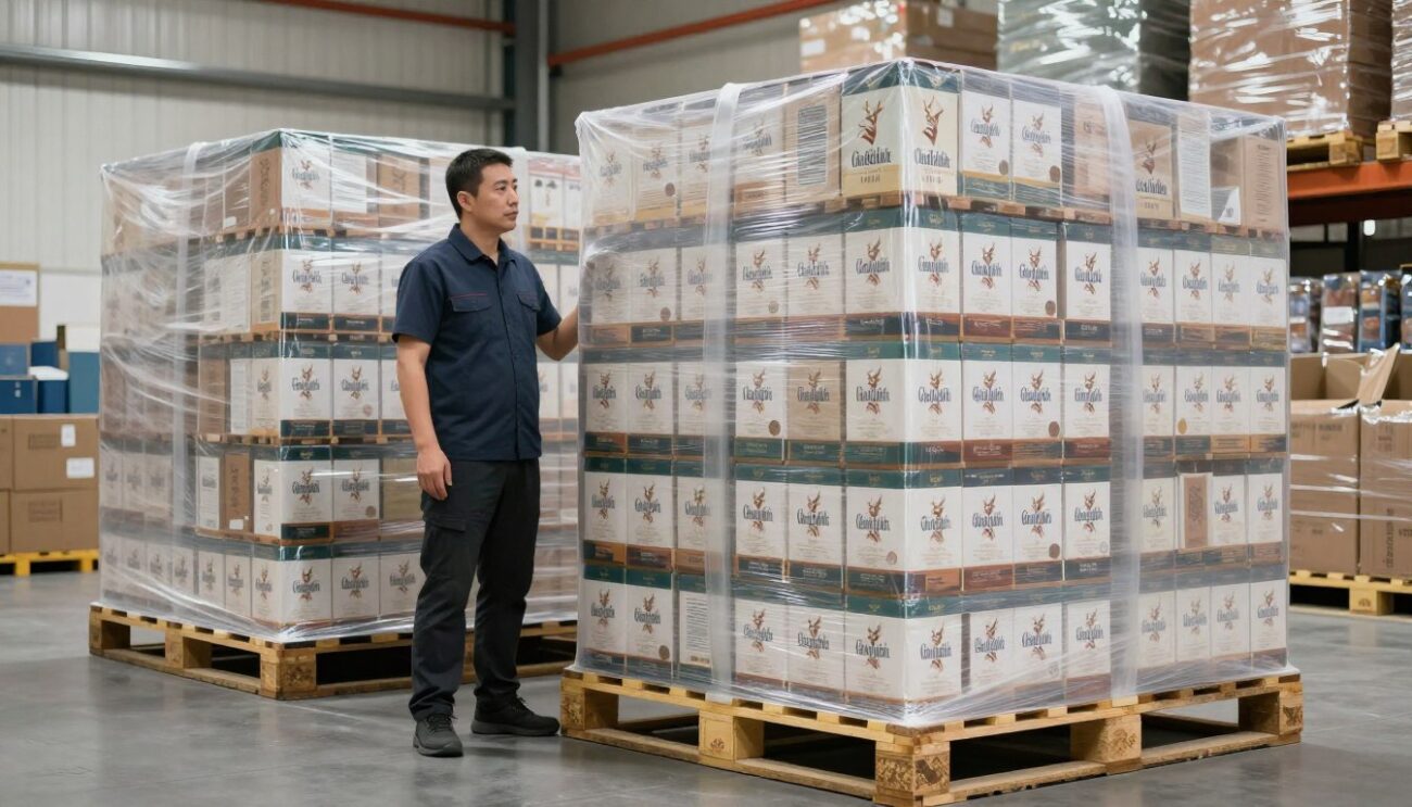 Экспортная упаковка виски Glenfiddich оптом для Казахстана - палеты с картонными кейсами на складе