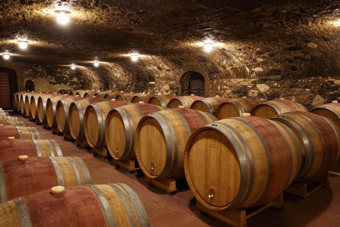 براميل خشبية لتعتيق الكونياك في قبو فرنسي تقليدي