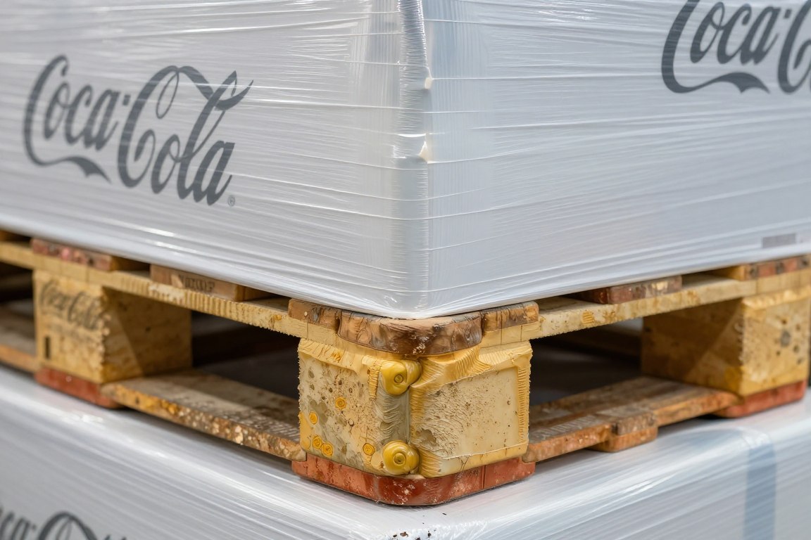 تفاصيل تغليف باليت كوكاكولا مع حماية الزوايا والتغليف البلاستيكي