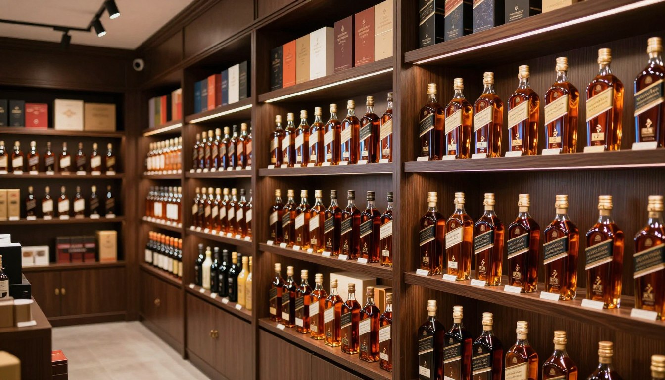 جوني ووكر بالجملة - زجاجات ويسكي اسكتلندي فاخر معروضة في مستودع توزيع احترافي