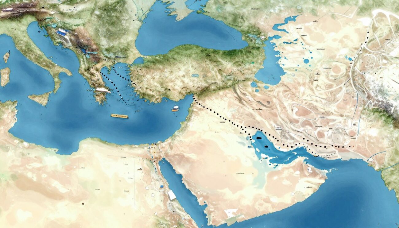 خريطة توضح طريق الشحن البحري من فرنسا إلى منطقة الخليج