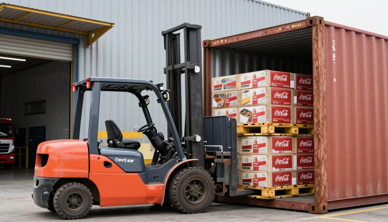 رافعة شوكية تقوم بتحميل باليتات كوكاكولا داخل حاوية شحن