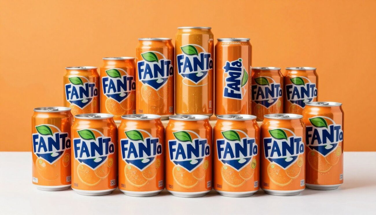 فانتا علب بأحجام مختلفة مرتبة بشكل احترافي على خلفية برتقالية