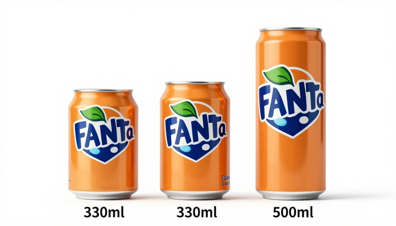 فانتا علب بمقاسات مختلفة 330 مل و 500 مل موضوعة بشكل مقارن