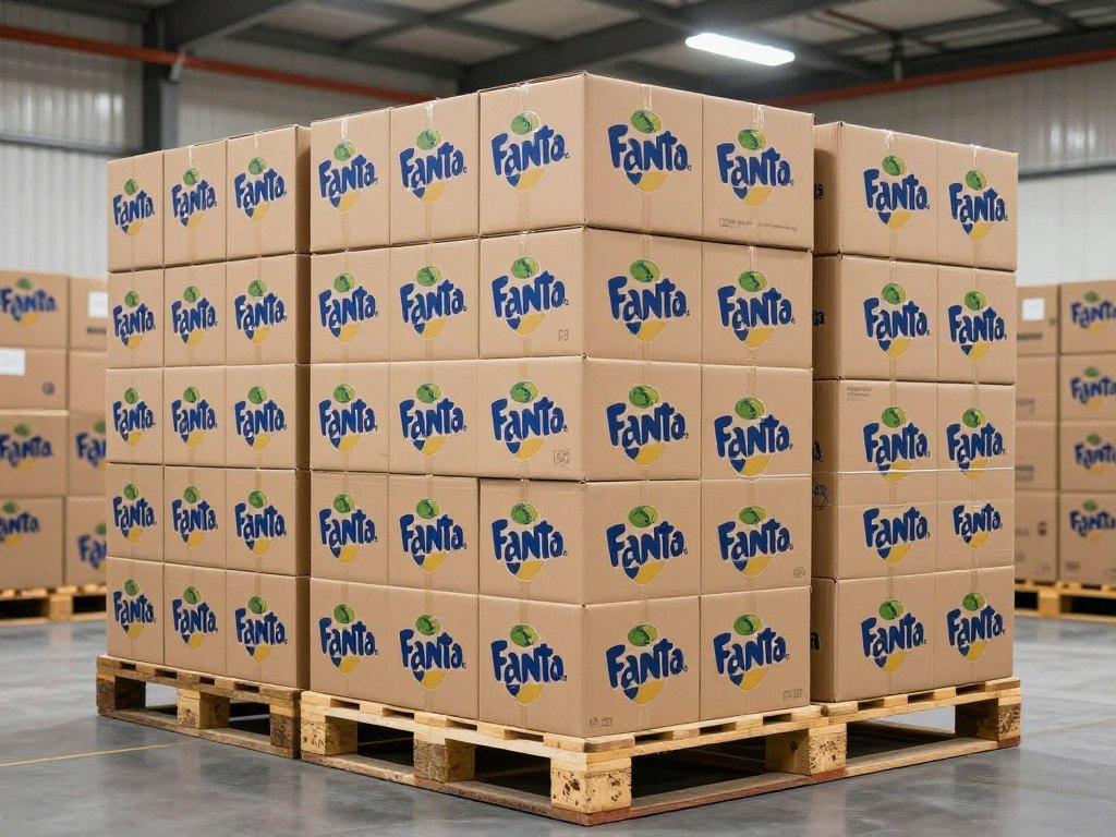 كراتين تصدير فانتا علب مرتبة على منصة خشبية بشكل منظم