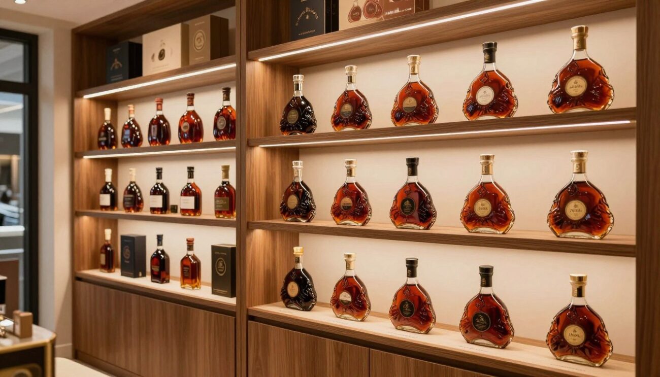 متجر مشروبات فاخر يعرض زجاجات كونياك راقية على رفوف خشبية مع إضاءة دافئة