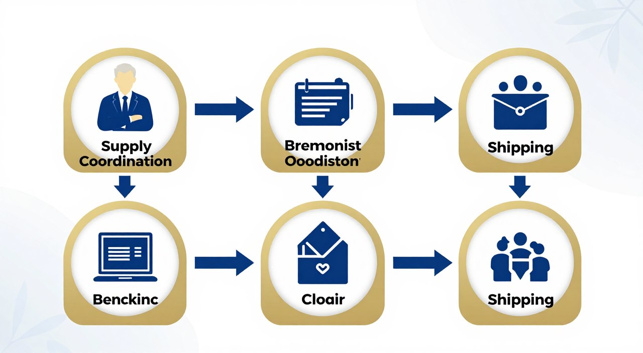 مخطط انسيابي احترافي يوضح مراحل تنسيق التوريد من الاستفسار حتى الشحن