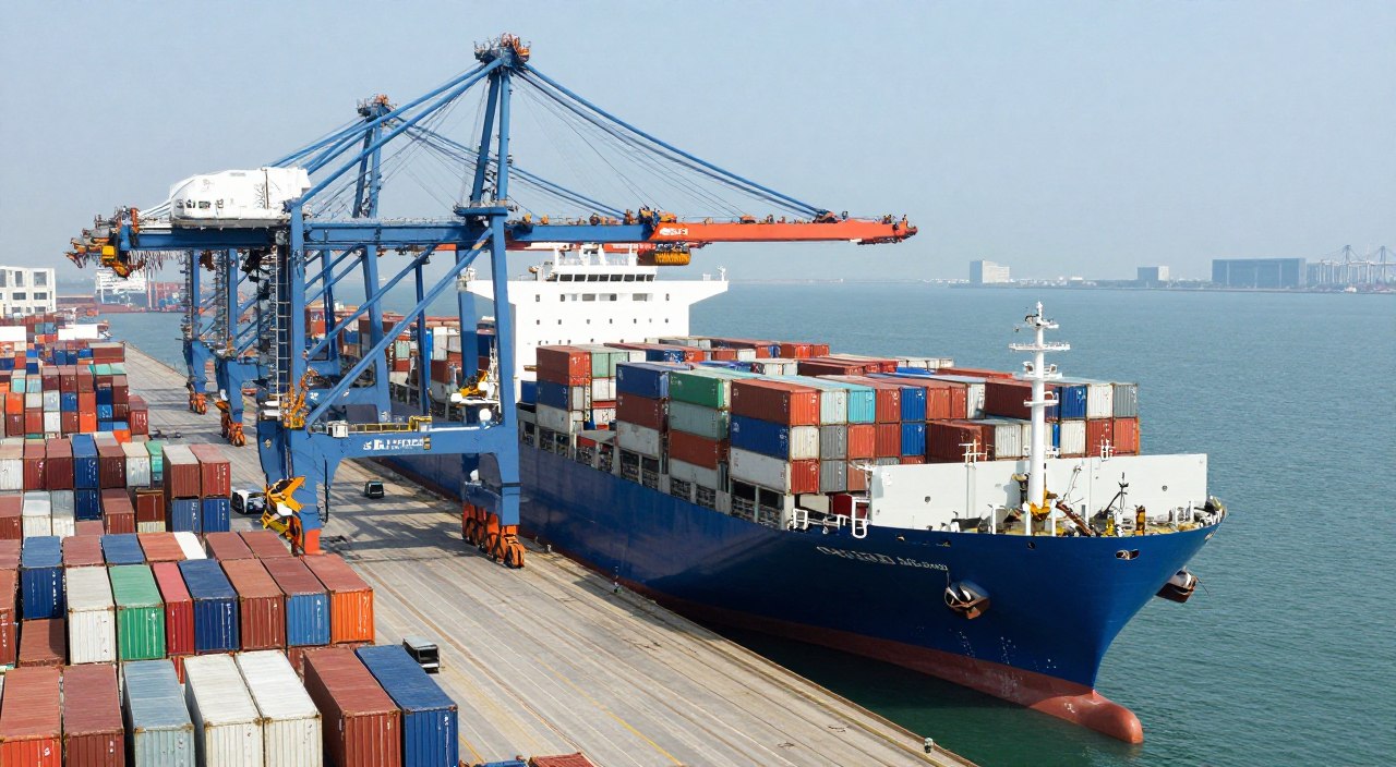 ميناء شحن بحري مع حاويات ملونة وسفن شحن كبيرة