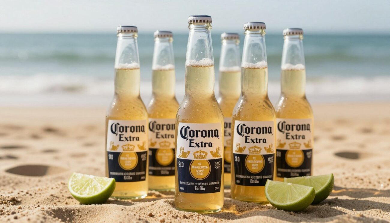 Corona Extra beer bottles with lime garnish in beach setting representing brand lifestyle positioning