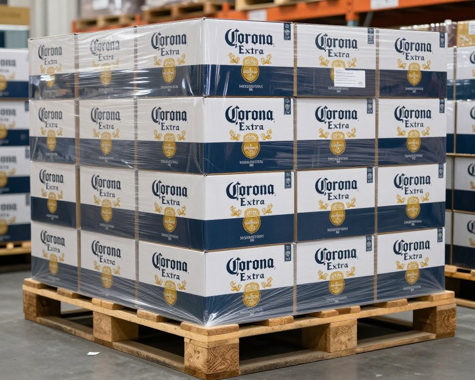 Export cartons of Corona Extra beer stacked on pallet showing proper packaging