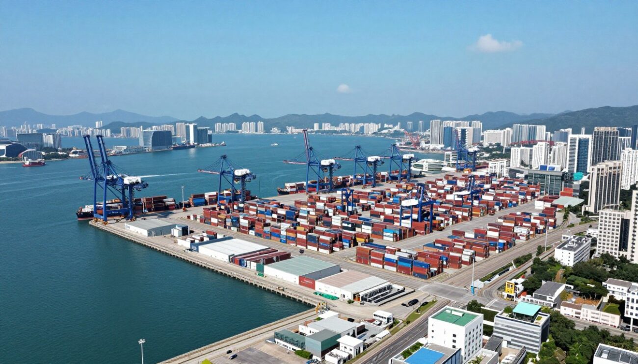 Hong Kong port and warehouse district aerial view showing logistics infrastructure