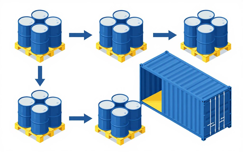 Infográfico paletización aceite contenedor optimización