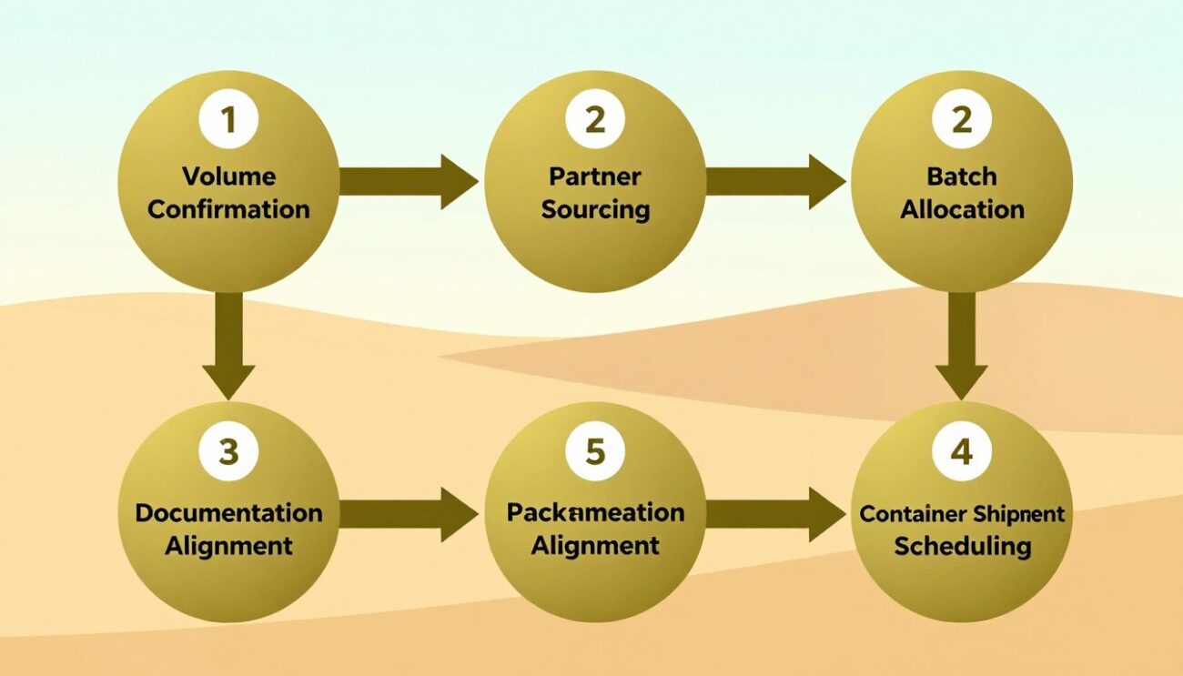 Infographic showing bulk sunflower oil supply coordination workflow from Ukraine to UAE wholesale buyers