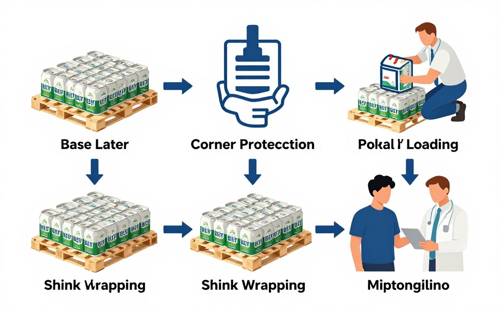 Infographic showing proper pallet stacking workflow for glass bottle beer export