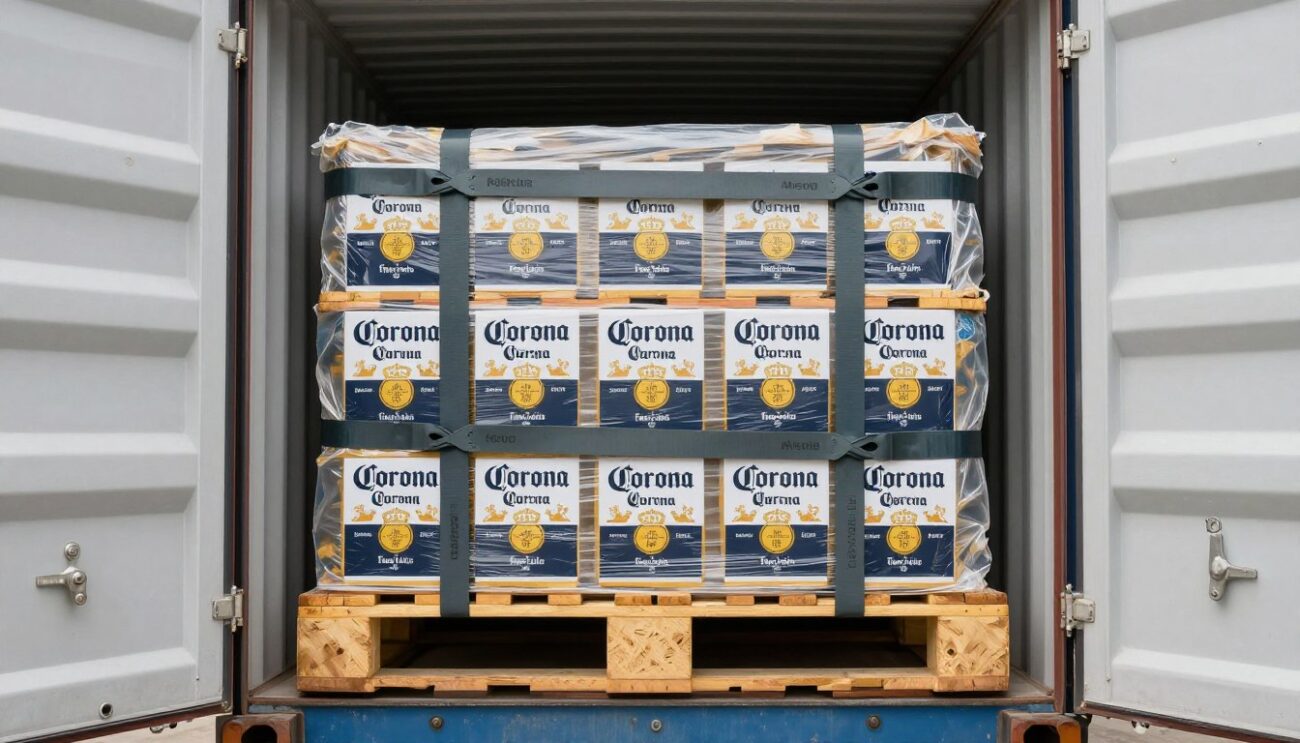 Loaded shipping container interior showing properly secured beer pallets